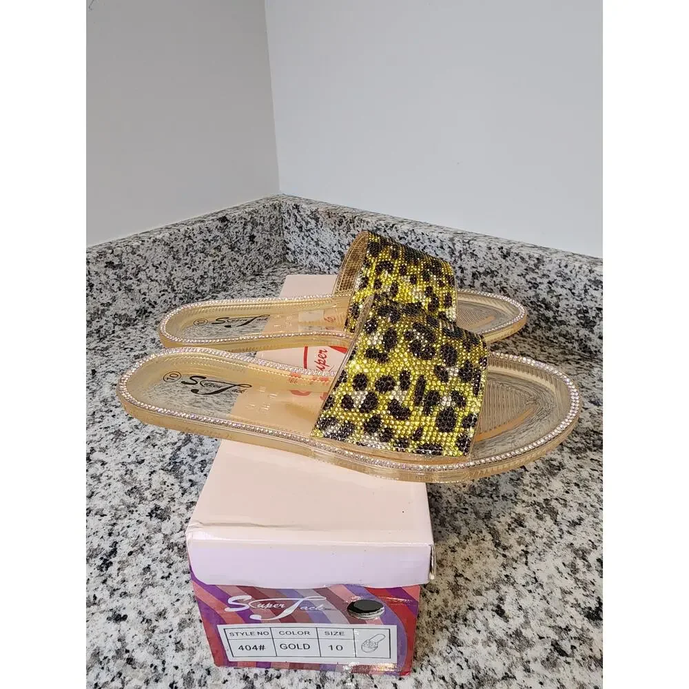Super Jack Clear Gold Rhinestone Cougar Print Sandals